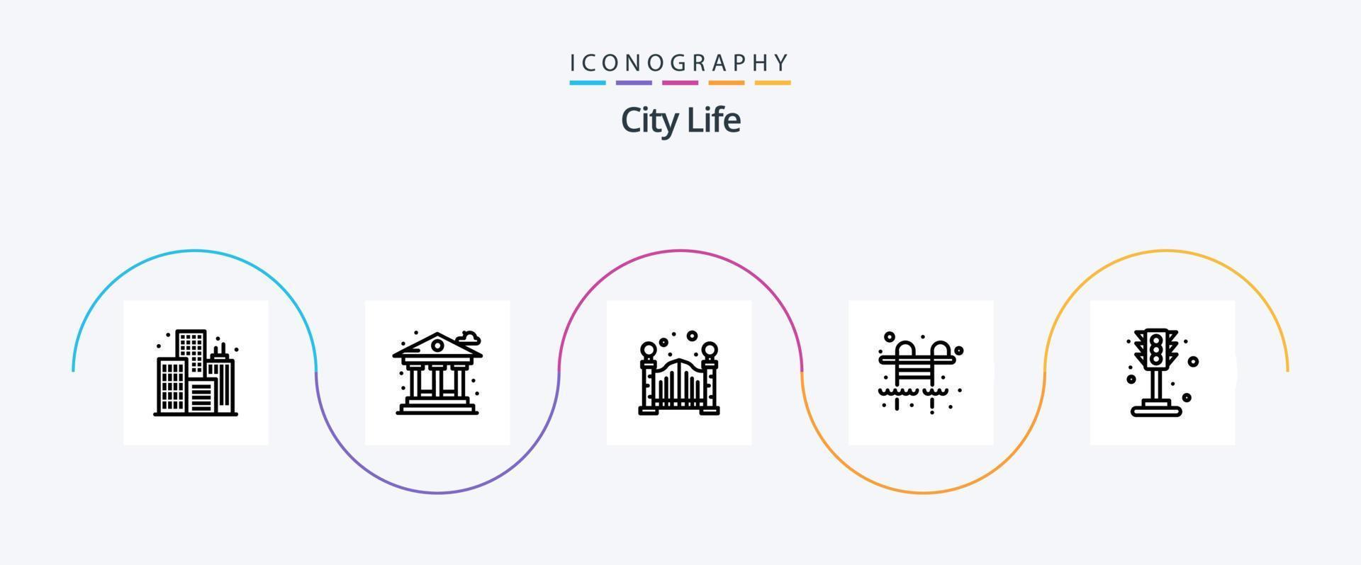 City Life Line 5 Icon Pack inkl. Verkehr. Leben. Leben. Schwimmbad vektor