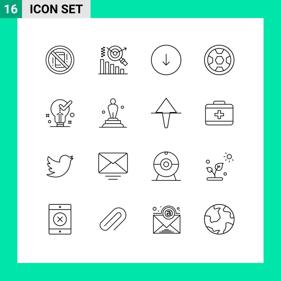 piktogram uppsättning av 16 enkel konturer av aning krans pil fotboll prestation redigerbar vektor design element