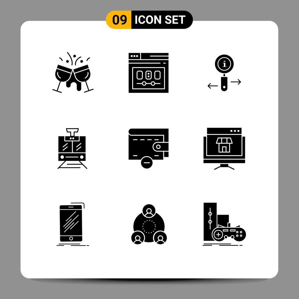 Gruppe von 9 modernen soliden Glyphen, die für bearbeitbare Vektordesign-Elemente für den öffentlichen Webzug-Zoom von Fahrzeugen festgelegt werden vektor