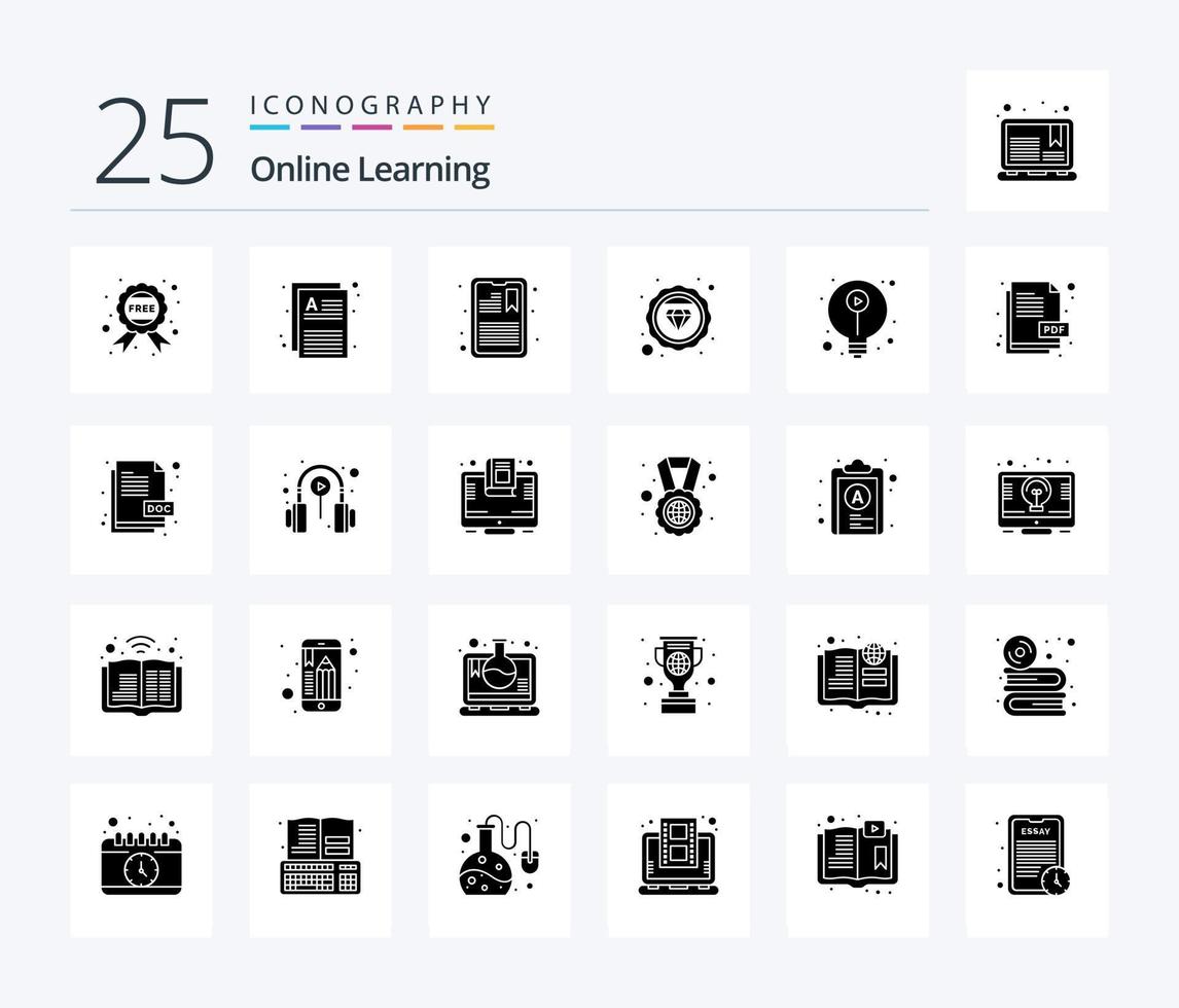 uppkopplad inlärning 25 fast glyf ikon packa Inklusive e-lärande. bricka. uppmärksamhet. studie. diamant vektor