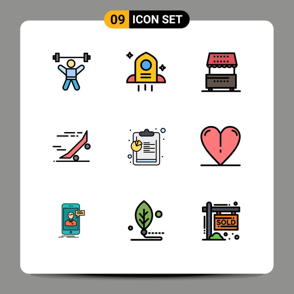 9 gefülltes flaches Farbkonzept für mobile Websites und Apps Skateboardreiten Kochen Fahrt Mahlzeit editierbare Vektordesign-Elemente vektor