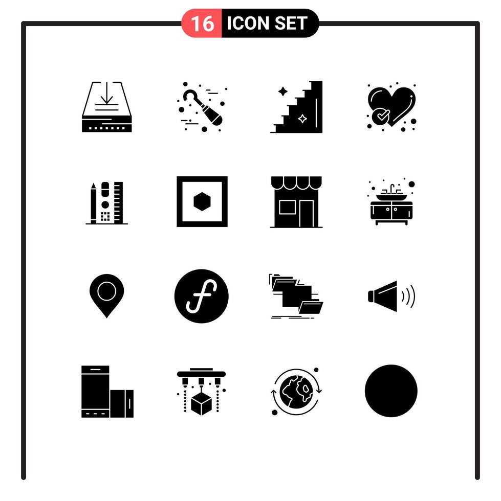 Stock Vector Icon Pack mit 16 Linienzeichen und Symbolen für Maßstab wie Bodenherz überprüft editierbare Vektordesign-Elemente