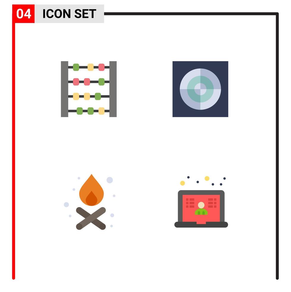Flaches Icon-Paket mit 4 universellen Symbolen der Abakus-Laptop-Badezimmer-Lagerfeuer-Schule editierbare Vektordesign-Elemente vektor