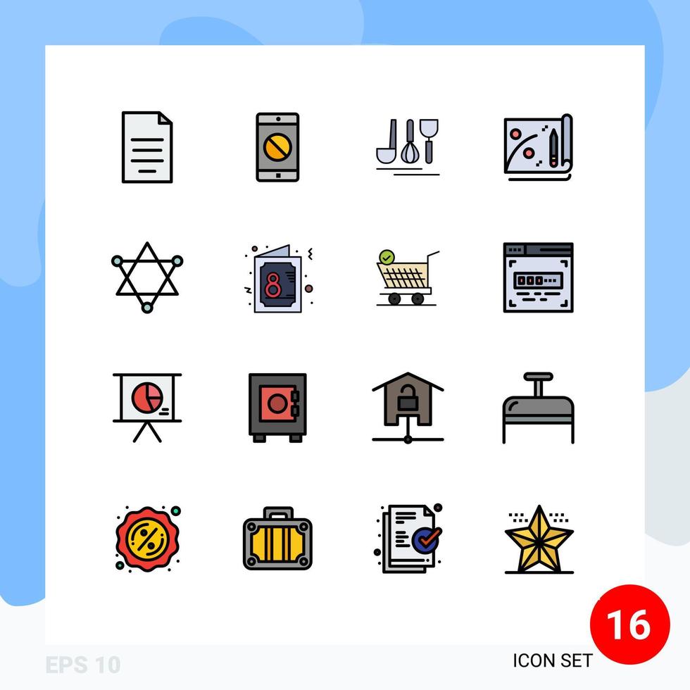 universelle Symbolsymbole Gruppe von 16 modernen, flachen, farbgefüllten Linien von Raumfiguren, Besteck, Marketingleistung, editierbare kreative Vektordesignelemente vektor