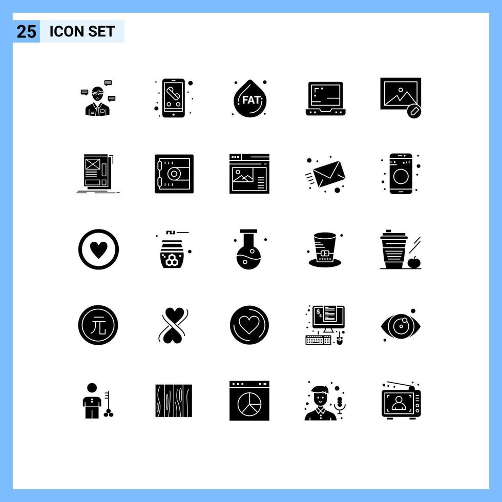 mobil gränssnitt fast glyf uppsättning av 25 piktogram av Foto redigera smart telefon dator bärbar dator redigerbar vektor design element