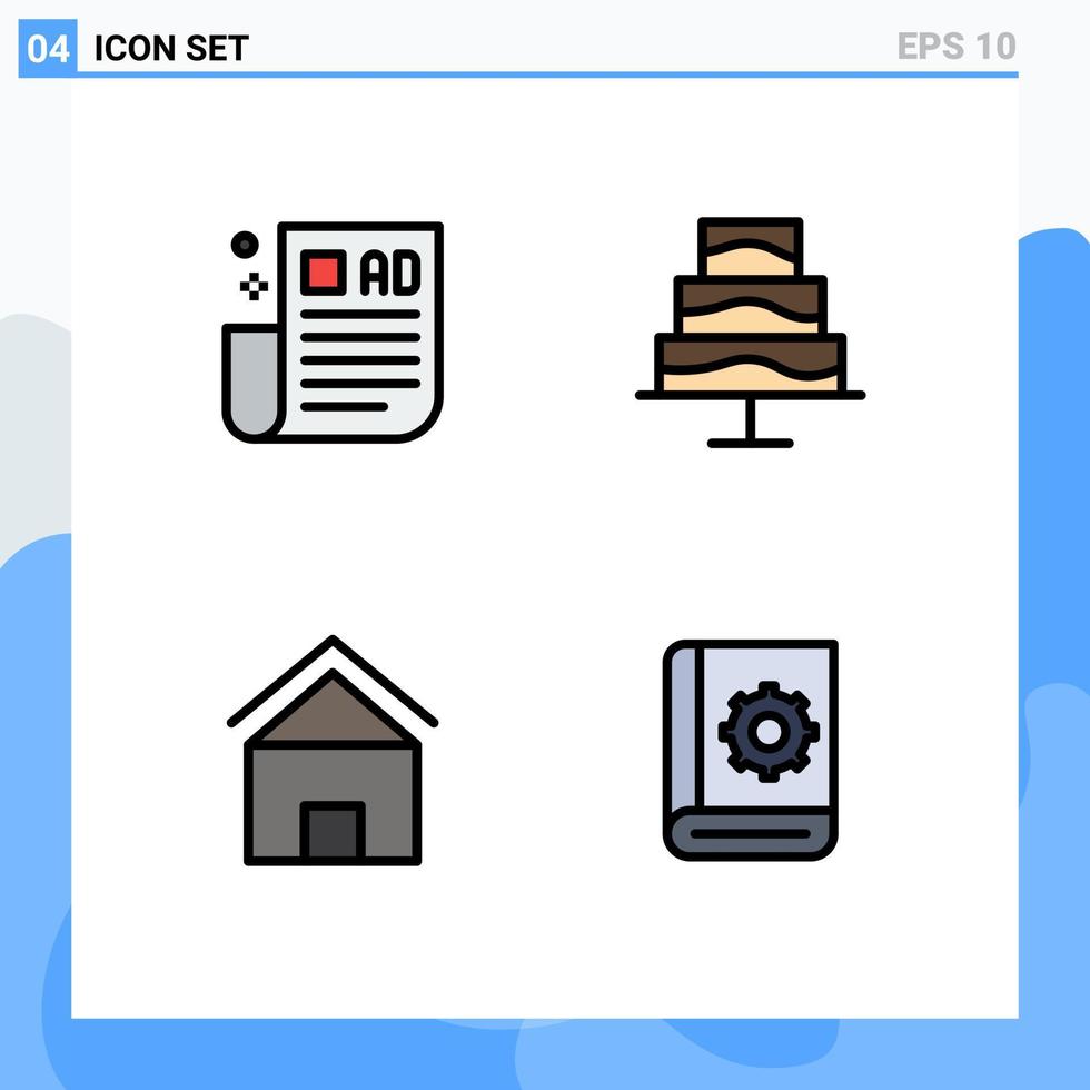moderner Satz von 4 gefüllten flachen Farben Piktogramm von Werbetipps Haustipps Fotohütte editierbare Vektordesign-Elemente vektor