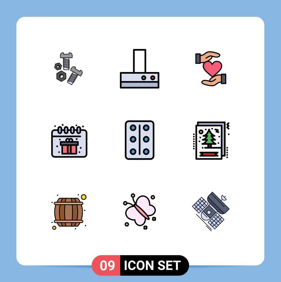 modern uppsättning av 9 fylld linje platt färger pictograph av tabletter pastiller ge låda födelsedag redigerbar vektor design element