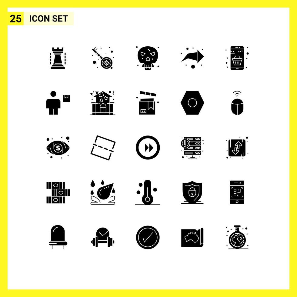 25 solides Glyphenpaket der Benutzeroberfläche mit modernen Zeichen und Symbolen von Einkaufswagen, Korbknochen, Richtungspfeil, editierbare Vektordesign-Elemente vektor
