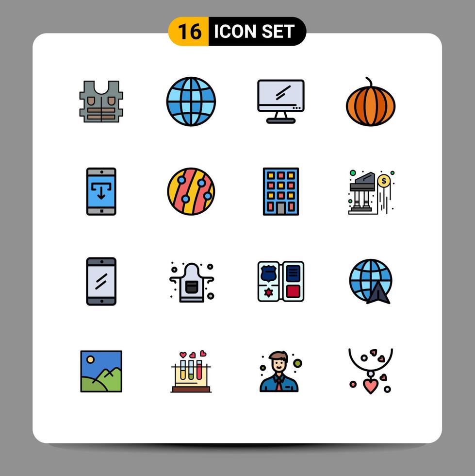 mobil gränssnitt platt Färg fylld linje uppsättning av 16 piktogram av mobil Ansökan ladda ner enhet data vegetabiliska redigerbar kreativ vektor design element