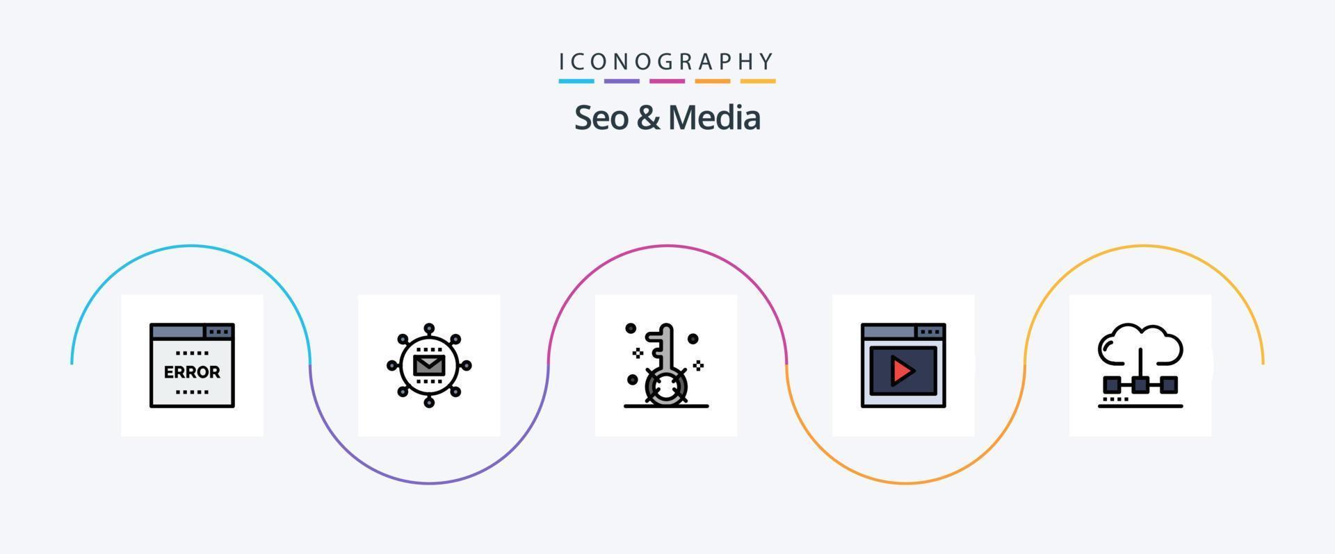 seo och media linje fylld platt 5 ikon packa Inklusive media. gränssnitt. optimering. Sök. media vektor