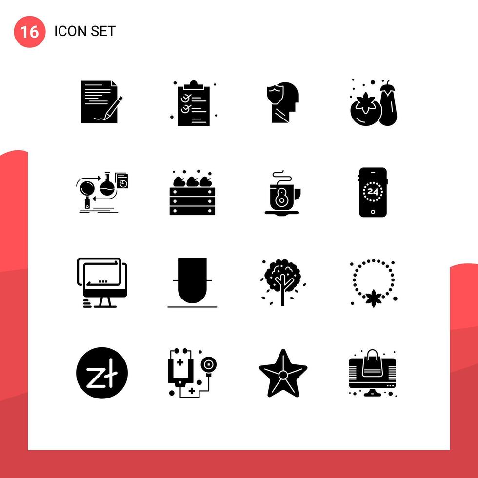 Gruppe von 16 soliden Glyphenzeichen und Symbolen für Gemüse-Einkaufslistendaten männliche editierbare Vektordesign-Elemente vektor