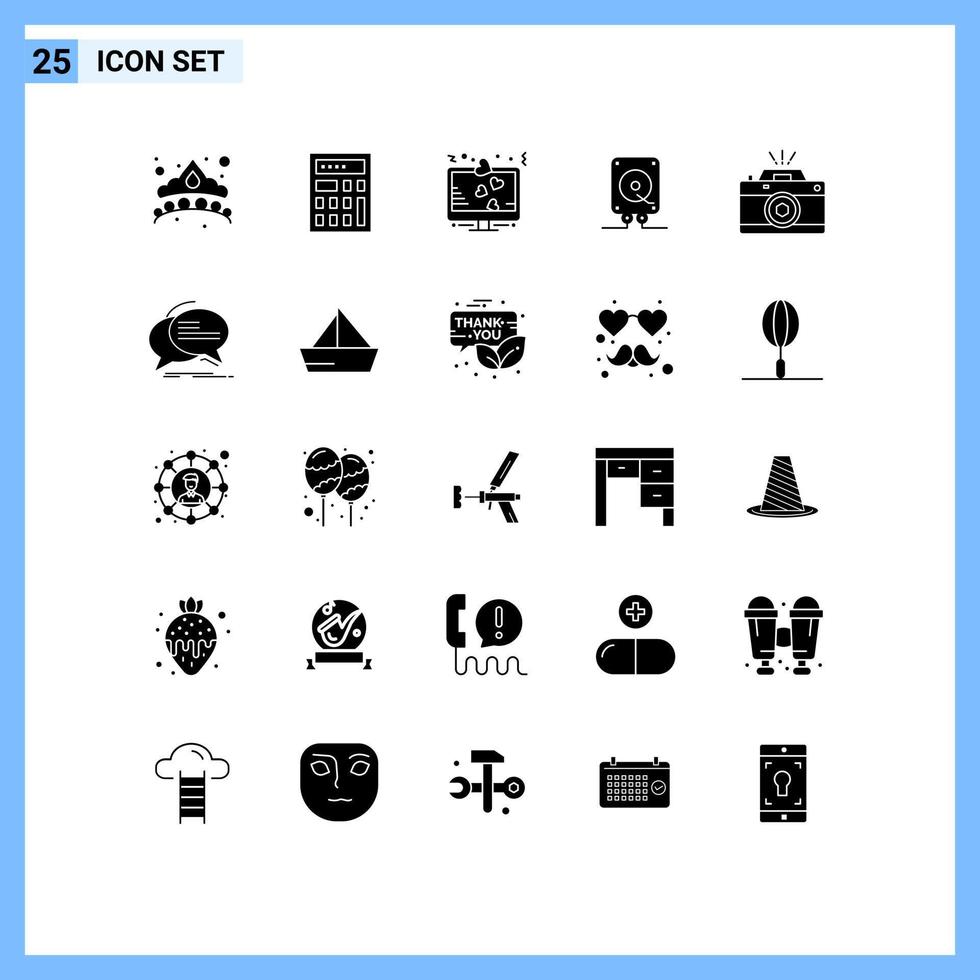 25 thematische Vektor-Solid-Glyphen und bearbeitbare Symbole der Fotografie spielen Herz-Computing-Musik, bearbeitbare Vektordesign-Elemente vektor