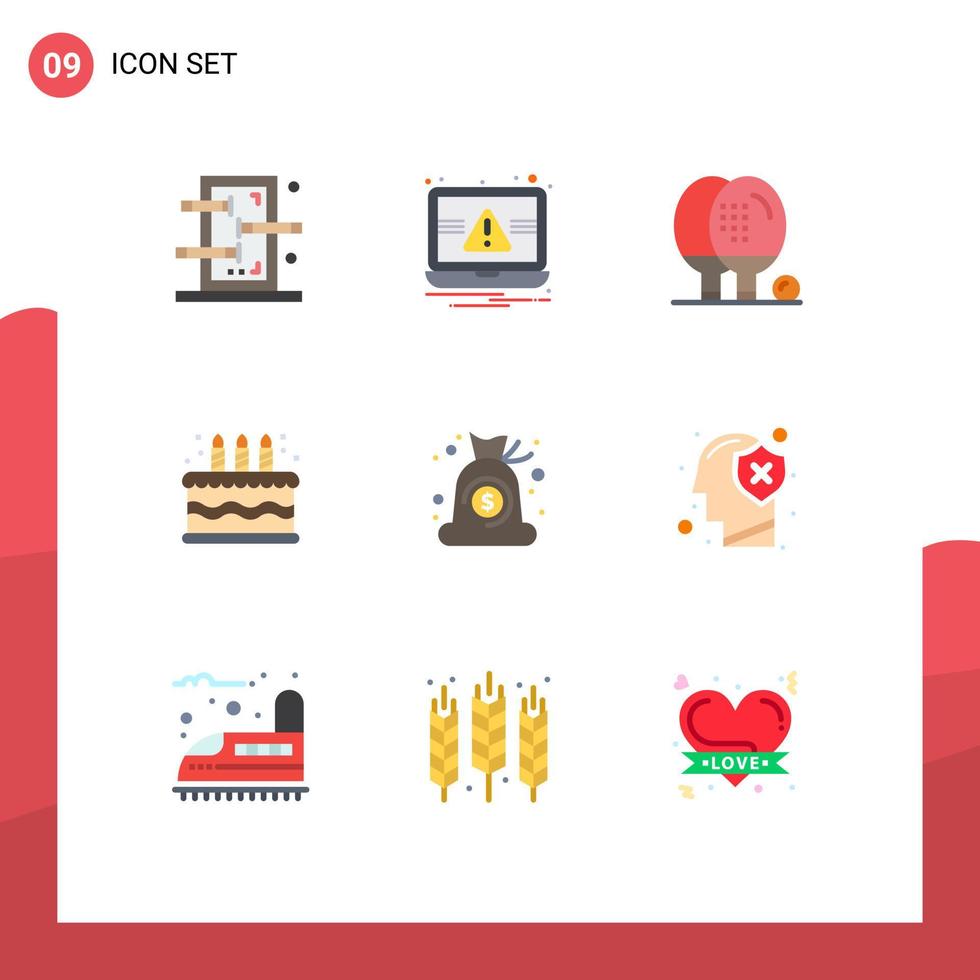 9 flaches Farbpaket der Benutzeroberfläche mit modernen Zeichen und Symbolen von Cash-Kerzen-Aktivitäten Kuchen Ping editierbare Vektordesign-Elemente vektor