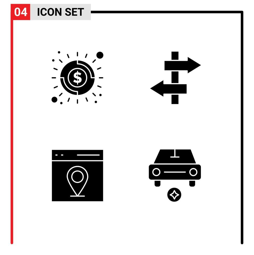moderner Satz von 4 soliden Glyphen und Symbolen wie Banking Map Shine Journey Car editierbare Vektordesign-Elemente vektor
