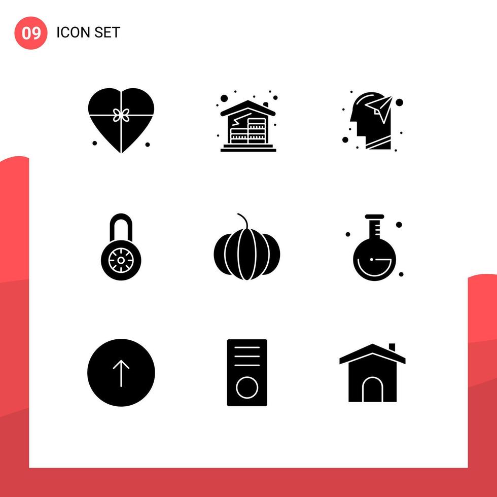 Stock Vector Icon Pack mit 9 Zeilen Zeichen und Symbolen für Kürbisvorhängeschloss Geldschloss Mind editierbare Vektordesign-Elemente