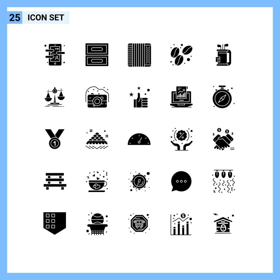 universelle Symbolsymbole Gruppe von 25 modernen soliden Glyphen der Ausrüstungstasche Akkordeon Lebensmittelbohne editierbare Vektordesign-Elemente vektor