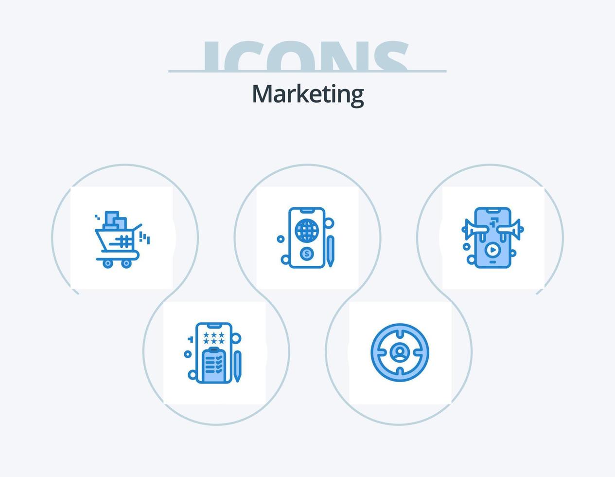 Marketing blau Icon Pack 5 Icon-Design. Lautsprecher. Dollar. Jäger. Globus. Einkaufen vektor