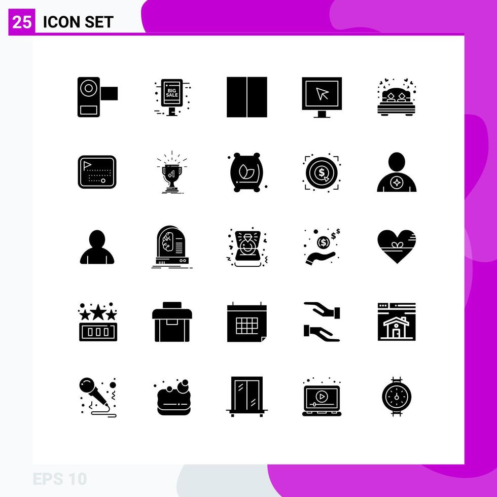 25 universell fast glyf tecken symboler av kärlek säng försäljning lägga märke till TV internet redigerbar vektor design element