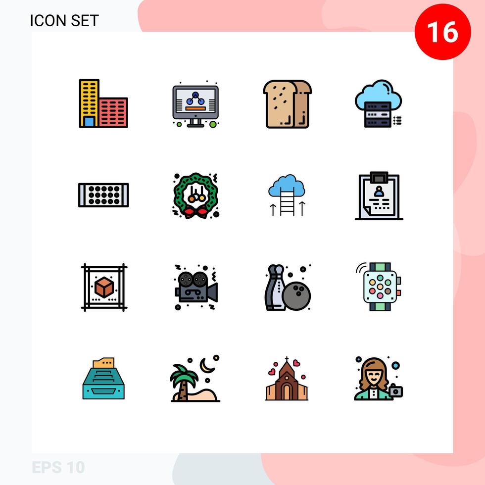piktogram uppsättning av 16 enkel platt Färg fylld rader av lampa moln middag data kapa redigerbar kreativ vektor design element