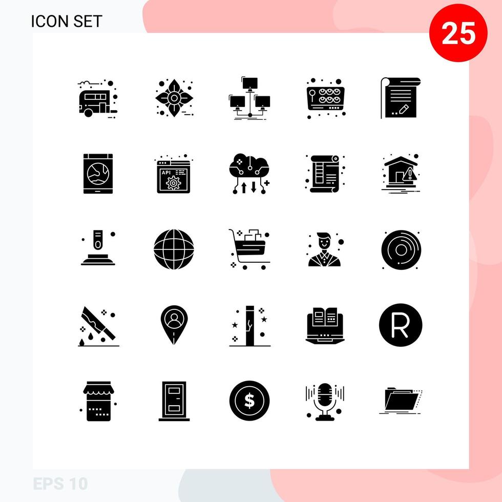 Solider Glyphensatz der mobilen Schnittstelle mit 25 Piktogrammen von Dokumentspieldatenbankspielcomputer-bearbeitbaren Vektordesignelementen vektor