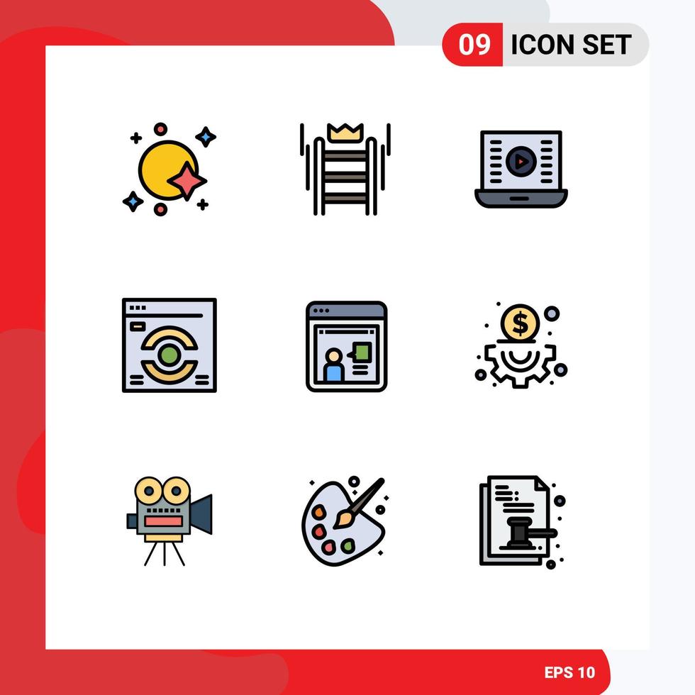 9 universell fylld linje platt Färg tecken symboler av refresh webb sida verktyg Kolla på video spela knapp redigerbar vektor design element