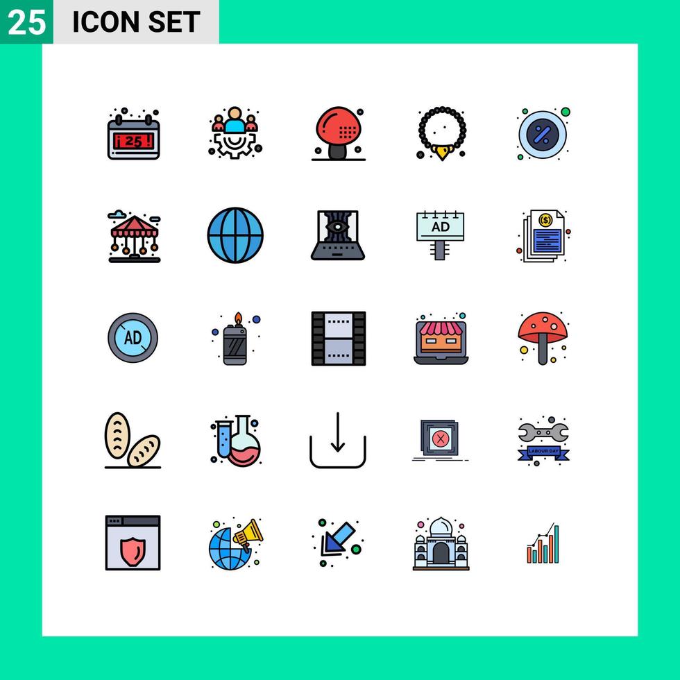 25 universell fylld linje platt färger uppsättning för webb och mobil tillämpningar bit del mat rabatt Smycken redigerbar vektor design element