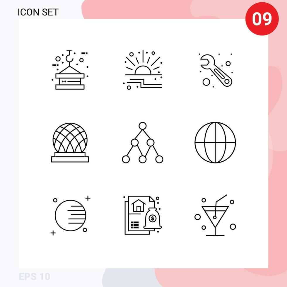 grupp av 9 konturer tecken och symboler för nätverk kupol försäljning stad byggnad redigerbar vektor design element