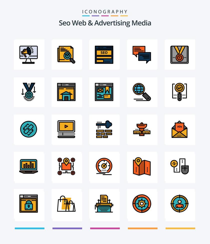 kreativ seo webb och reklam media 25 linje fylld ikon packa sådan som meddelande. tech. sida Sök. seo. data vektor