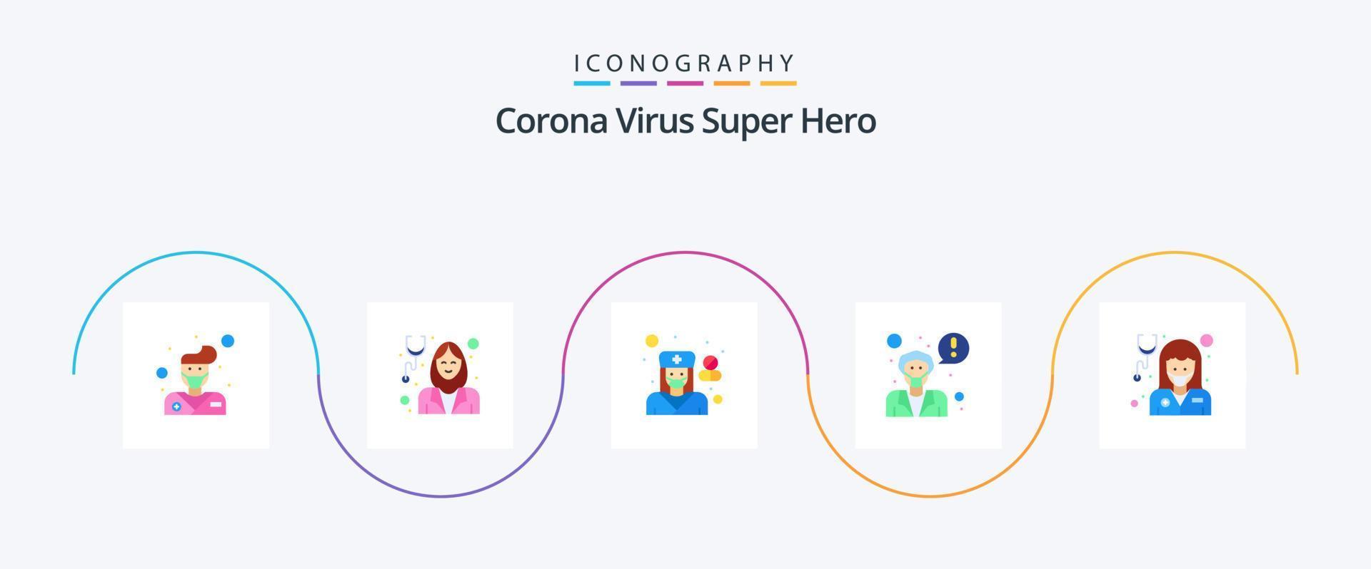 Corona-Virus-Superhelden-Flat-5-Icon-Pack inklusive Ärztin. Gesundheitspflege. Gesundheit. Mädchen. fragen sie einen arzt vektor