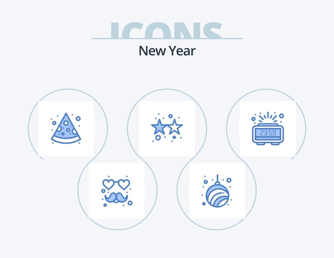 neues Jahr blau Icon Pack 5 Icon Design. Neujahr. Uhr. Essen. Sterne. Feuerwerk vektor