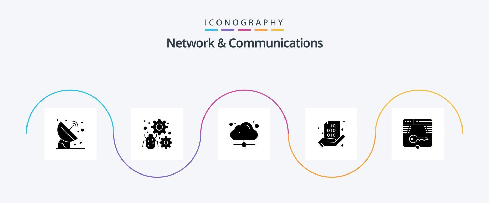 nätverk och kommunikation glyf 5 ikon packa Inklusive hand. binär. miljö. koda. dela med sig vektor