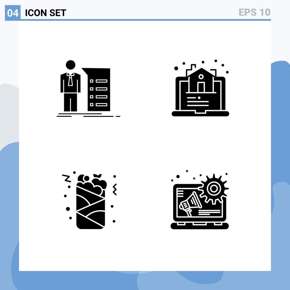 Gruppe von 4 modernen soliden Glyphen, die für Unternehmen festgelegt werden, können Haus Fast Food editierbare Vektordesign-Elemente treffen vektor