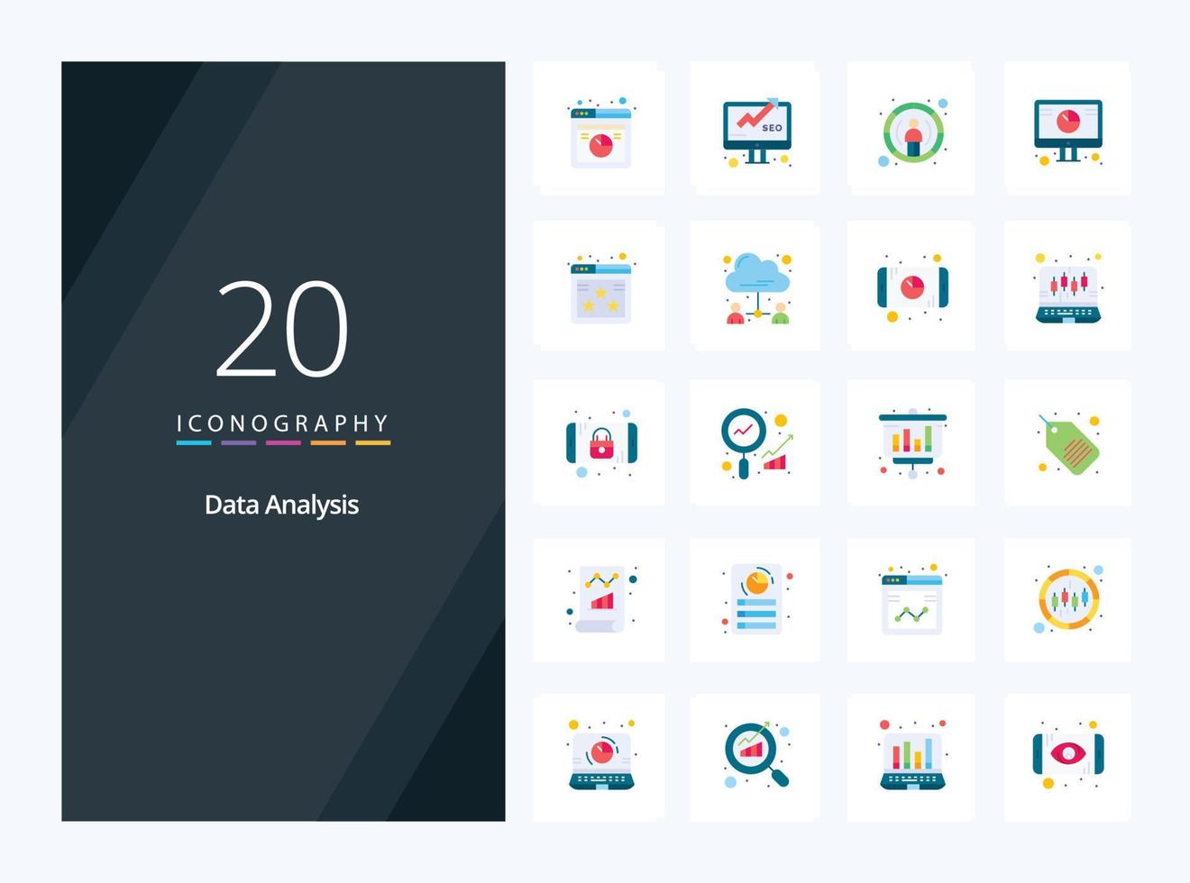 20 flaches Farbsymbol für die Datenanalyse zur Präsentation vektor
