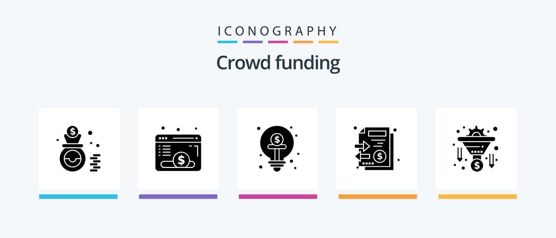 Crowdfunding Glyph 5 Icon Pack inklusive Konvertierung. Stapel. Geschäft. Dateien. Idee. kreatives Symboldesign vektor