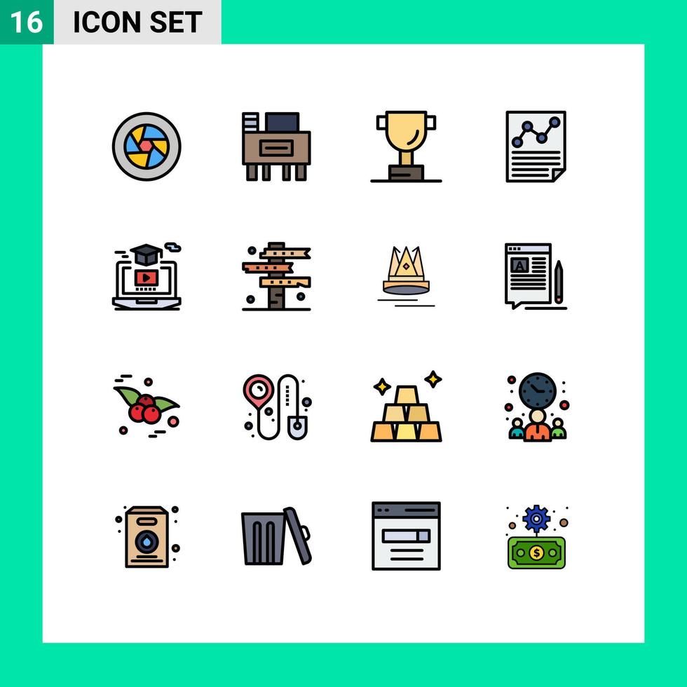 moderner Satz von 16 flachen, farbgefüllten Linien und Symbolen wie Video-Grad-Cup-Berichtsbrief editierbare kreative Vektordesign-Elemente vektor