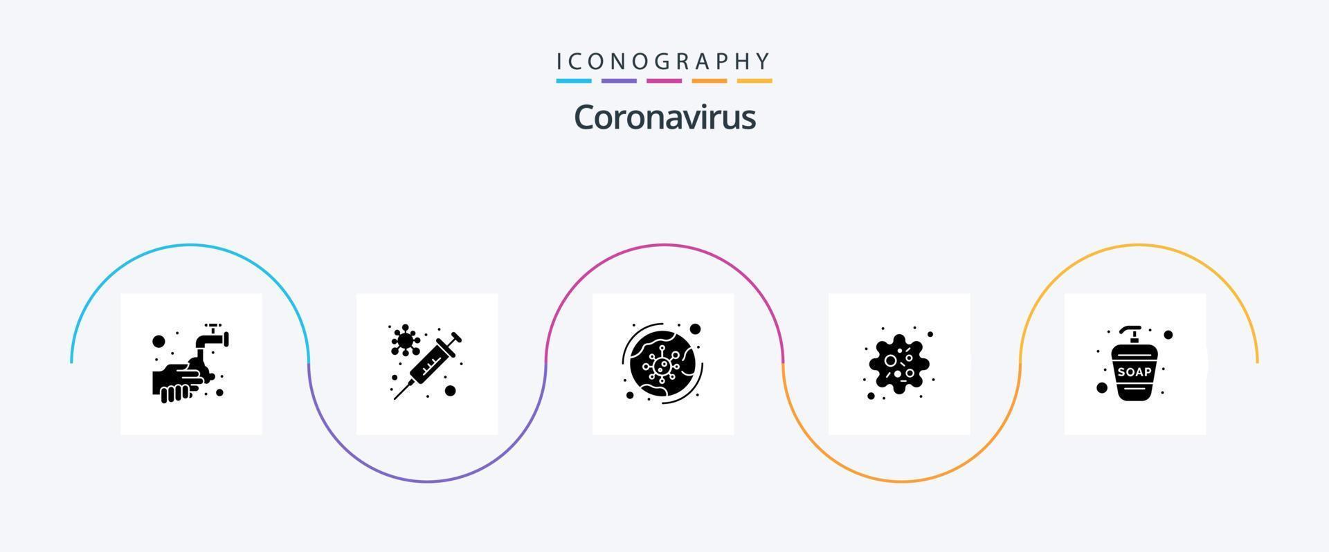 coronavirus glyf 5 ikon packa Inklusive hand tvätta. patogen. virus. partikel. covid vektor