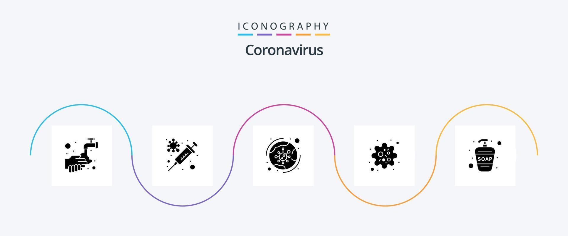 Coronavirus Glyph 5 Icon Pack inklusive Handwäsche. Erreger. Virus. Partikel. Covid vektor