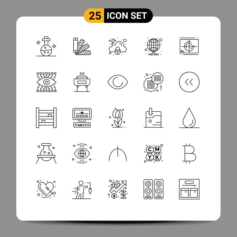 Packung mit 25 modernen Linien, Zeichen und Symbolen für Web-Printmedien wie Filmserver-Cloud-Proxys, die bearbeitbare Vektordesign-Elemente hosten vektor