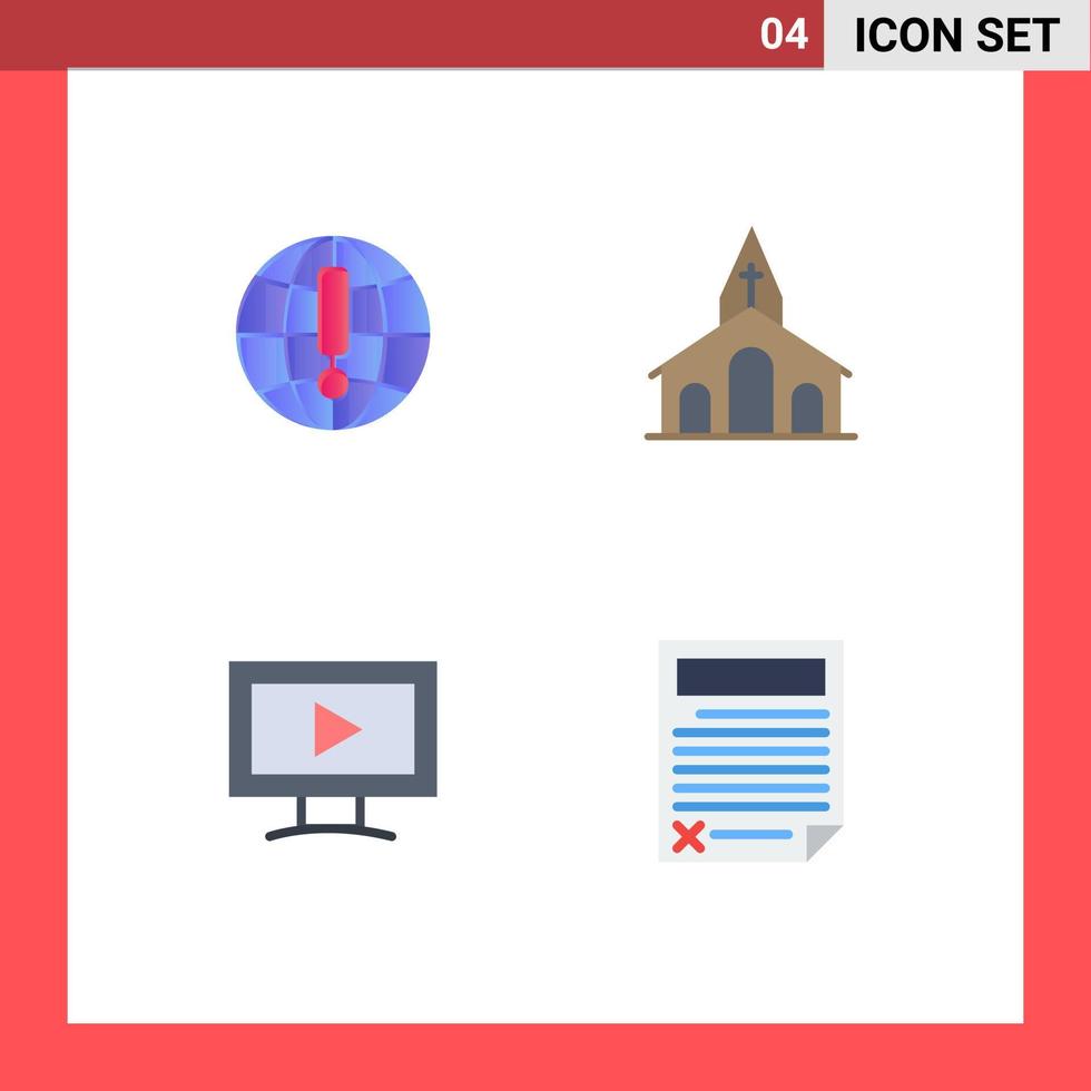 editierbares Vektorlinienpaket mit 4 einfachen flachen Symbolen von Globe Monitor World Christian Video editierbare Vektordesign-Elemente vektor