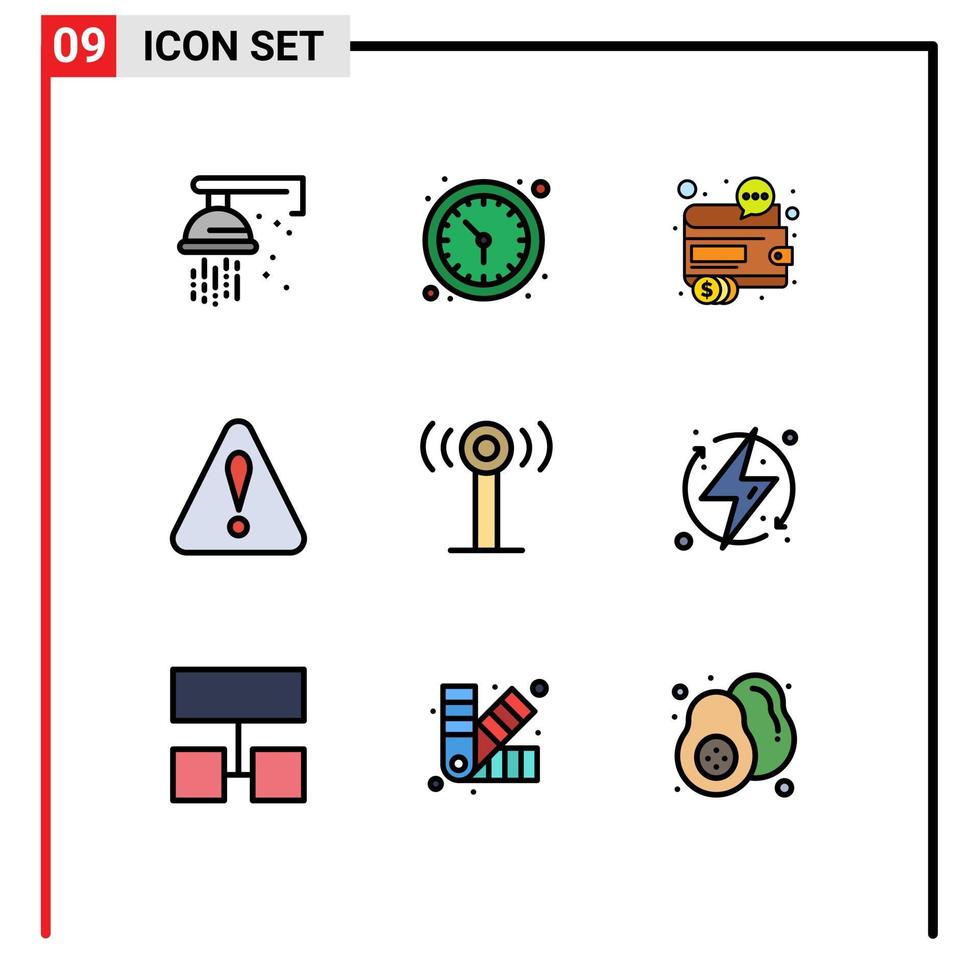 Gruppe von 9 gefüllten flachen Farbzeichen und Symbolen für Signalwarn-Business-Dreieck-SEO-editierbare Vektordesign-Elemente vektor