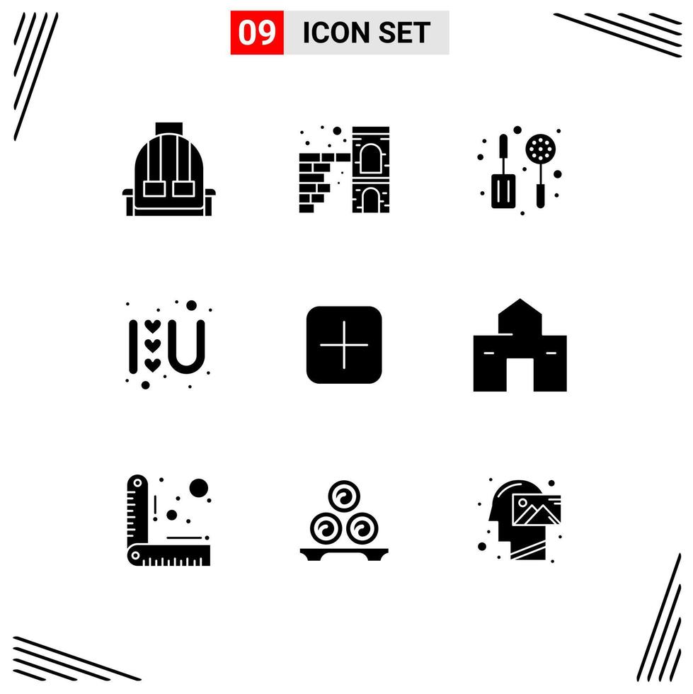 Gruppe von 9 soliden Glyphenzeichen und Symbolen für Sätze Instagram Küche Liebeszeichen Herzzeichen editierbare Vektordesign-Elemente vektor