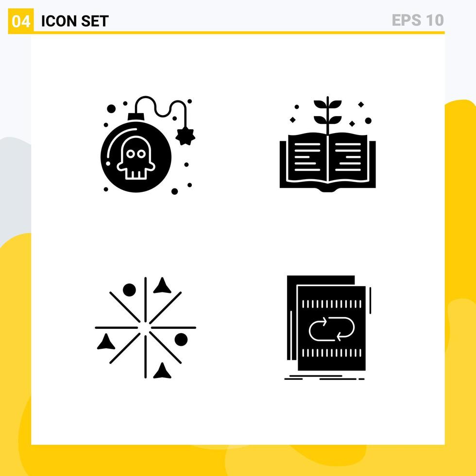 Gruppe von 4 modernen soliden Glyphen, die für Bombensterne festgelegt wurden, spielen wissensaudiobearbeitbare Vektordesignelemente vektor