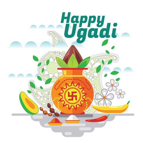 Fröhliches Ugadi. Schablonen-Gruß-Karte Traditionelles festliches indisches Lebensmittel vektor