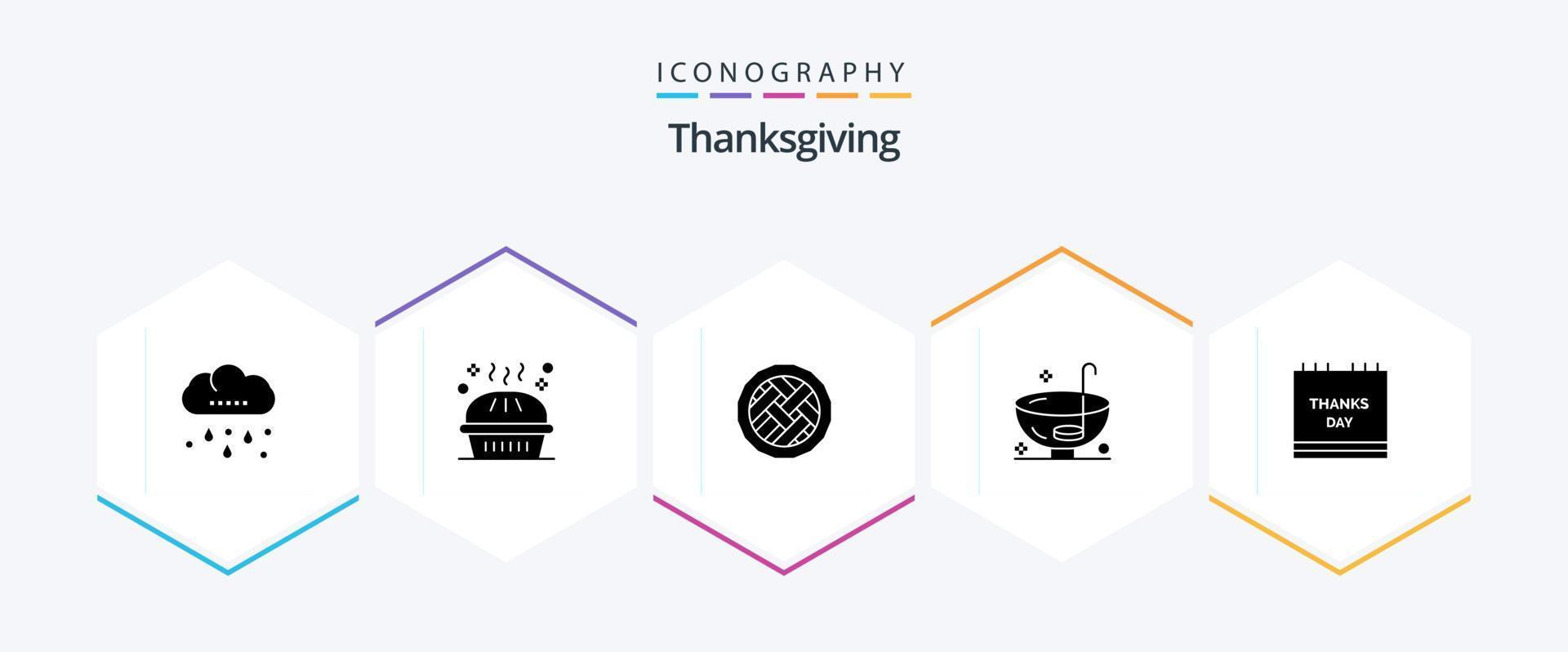 Thanksgiving 25 Glyphen-Icon-Pack inklusive Schlag. trinken. Kürbiskuchen. Abendessen. Kuchen vektor