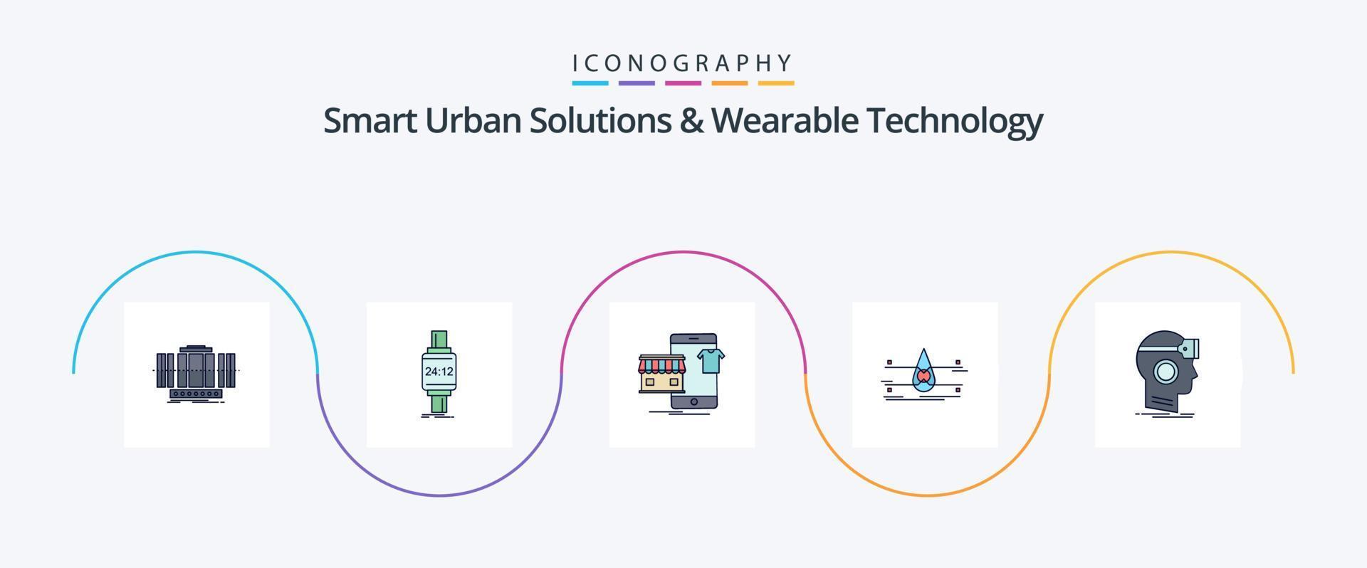 smart urban lösningar och wearable teknologi linje fylld platt 5 ikon packa Inklusive övervakning. affär. äpple. uppkopplad. plagg vektor