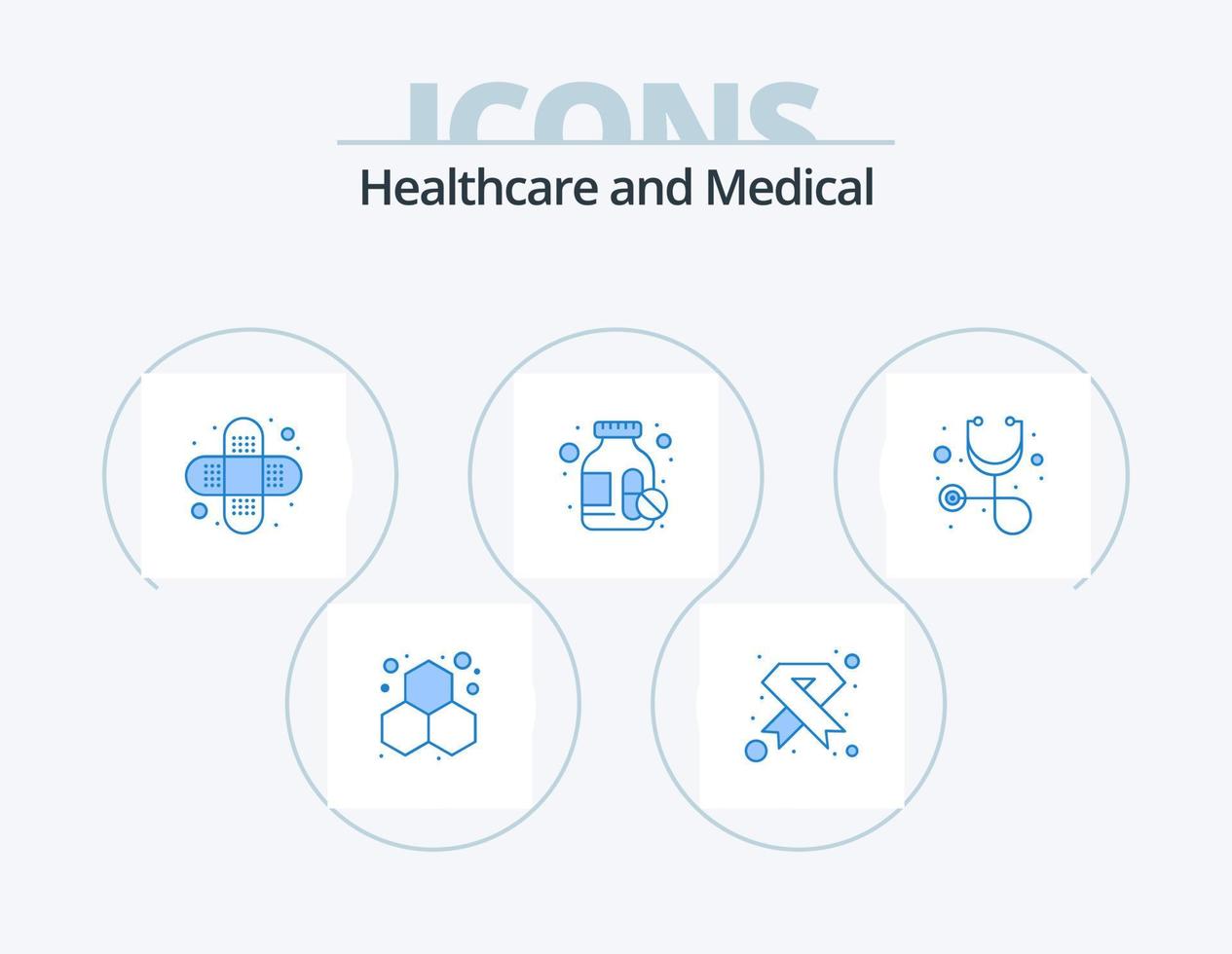 medizinisches blaues Icon-Pack 5-Icon-Design. Stethoskop. Diagnose. Schleife. Pillen. Drogen vektor
