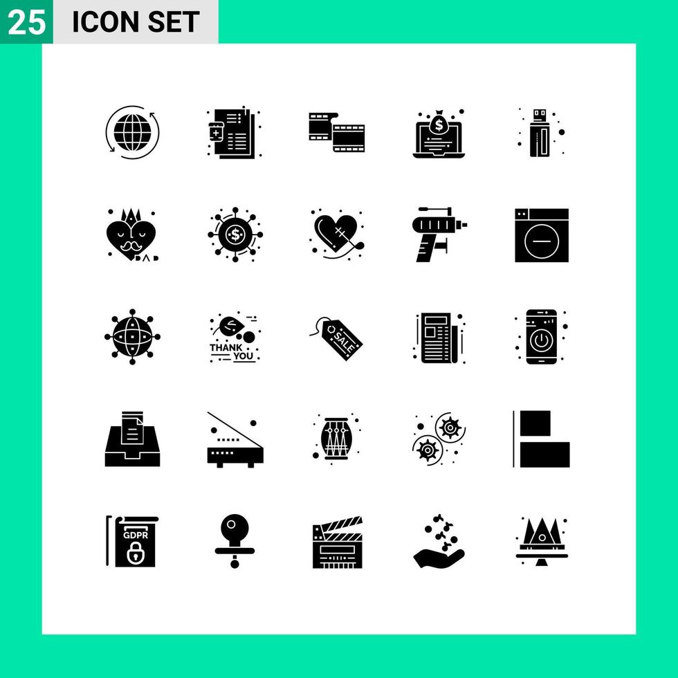 grupp av 25 fast glyfer tecken och symboler för kontakt pengar recept väska bärbar dator redigerbar vektor design element