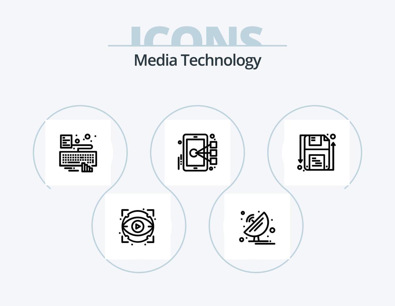 Media Technology Line Icon Pack 5 Icon-Design. Auge. Laptop. Antenne. Kommunikation. Wissenschaft vektor