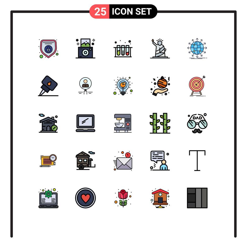 gruppe von 25 gefüllten linienflachfarben zeichen und symbole für pfeilkugeltest usa von editierbaren vektordesignelementen vektor