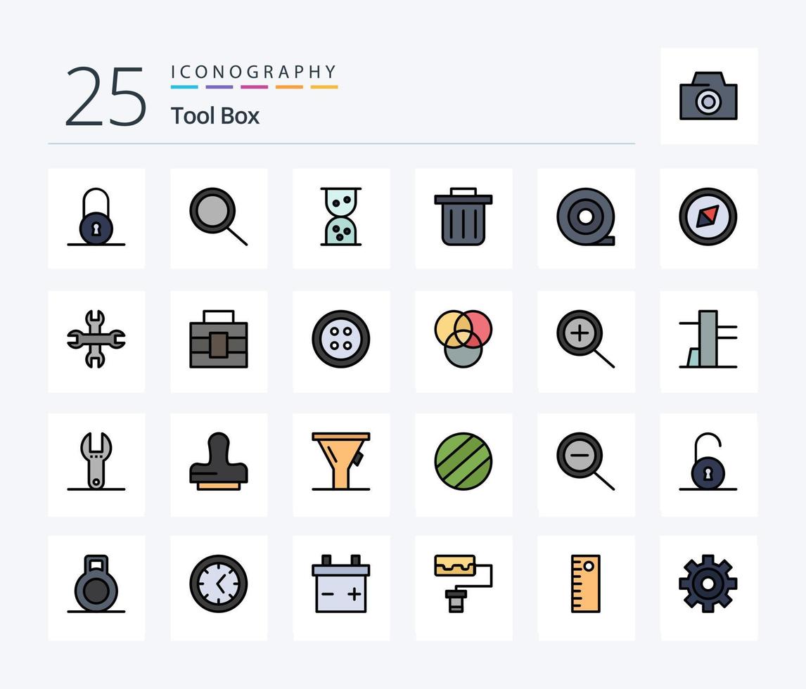 verktyg 25 linje fylld ikon packa Inklusive kläder. verktygslåda. kompass. portfölj. verktyg vektor